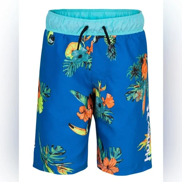 Hurley Boys' Pull on Swim Trunks, Neptune Blue / Parrot Floral, sz Small 8 - 10 - Picture 1 of 6